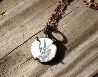 Peace Sign Skeleton Hand Illustration Drawing on White Enameled Penny Coin Oxidized Copper Pendant Necklace