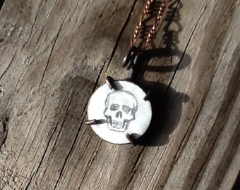 Halloween Skull Illustration Drawing on White Enameled Penny Coin Oxidized Copper Pendant Necklace