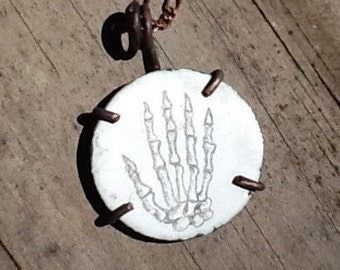 Skeleton Hand Bones Illustration Drawing on White Enameled Copper Disk 25mm 1" Halloween Oxidized Copper Pendant Necklace