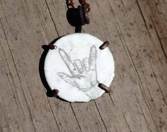 Human Hand Illustration "I Love You" Sign ASL Drawing on White Enameled Copper Disk 22mm 7/8" Oxidized Copper Pendant Necklace