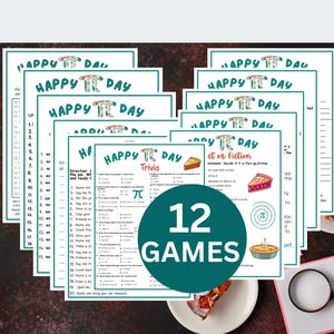 May include: A collection of printable "Happy Pi Day" trivia games. The worksheets feature colorful graphics of pie slices and the Pi symbol. The image includes the text "12 GAMES" in a teal circle, and the words "Happy Pi Day".
