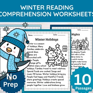 May include: Winter reading comprehension worksheets with a penguin in a blue hat and scarf. The worksheets include winter holiday passages and illustrations of a house and a Christmas tree. The text reads "No Prep" and "10 Passages".