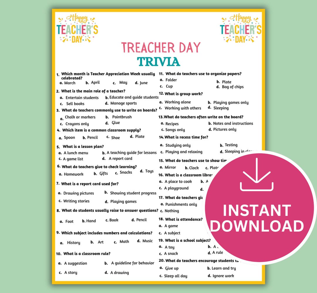 Fun Pdf Teacher Appreciation Trivia Game Printable | Teacher Day Quiz Activity ...