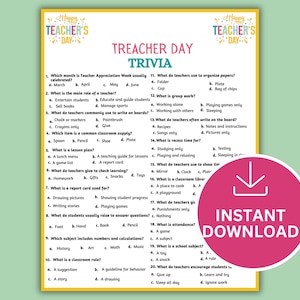 May include: A colourful Teacher's Day trivia game with multiple-choice questions. The printable game features questions about school, teaching, and classroom activities. A pink circle with the words "Instant Download" is on the right.