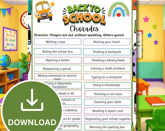 Back to School Charades Game Printable | First Day of School Icebreaker | Classroom Party Activity | Instant Download PDF
