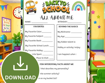 Back to School All About Me Printable | First Day of School Activity | Classroom Icebreaker Worksheet | Instant Download PDF