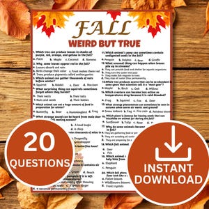 May include: A white paper sheet titled FALL WEIRD BUT TRUE featuring 20 multiple-choice trivia questions about autumn nature. The document is decorated with orange and red maple leaf illustrations at the top and bottom corners.