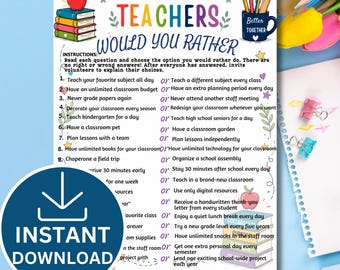 Teacher Team Building Would You Rather Printable | Staff Meeting Icebreaker Game | Back to School Teacher Activity PDF