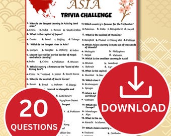 Asia Trivia Game Printable | 20 Asia Geography Quiz Questions & Answers | World Geography Trivia | Family Game Night | Classroom Activity
