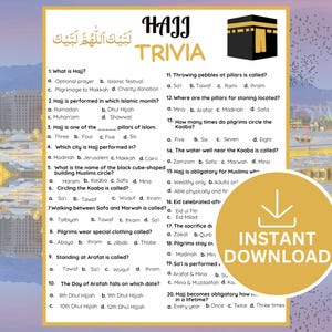Puede incluir: Un imprimible de Hajj Trivia amarillo y blanco con preguntas sobre la peregrinación islámica. La imagen incluye un gráfico de la Kaaba y las palabras "Descarga instantánea".