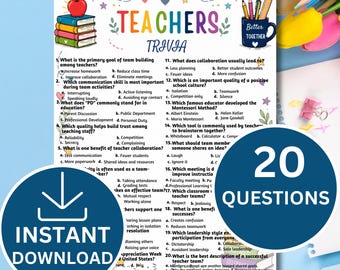 Teacher Team Building Trivia Printable | 20 Trivia Questions & Answers | Staff Meeting Icebreaker Game | Teacher Appreciation PDF