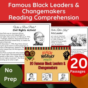 Puede incluir: Un recurso de comprensión lectora sobre líderes y agentes de cambio negros famosos. La imagen incluye textos sobre Rosa Parks y Martin Luther King Jr., junto con "Black History Month" y "20 Passages". Un círculo verde dice "No Prep".