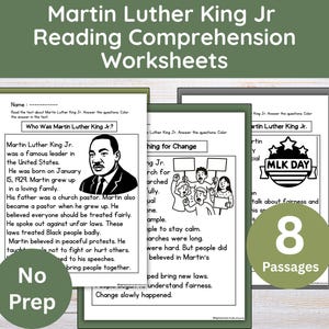 Könnte beinhalten: Leseblätter zum Thema Martin Luther King Jr. mit Text und Fragen. Die Arbeitsblätter enthalten den Text "Who Was Martin Luther King Jr.?" und "8 Passages". Ideal für den Unterricht.
