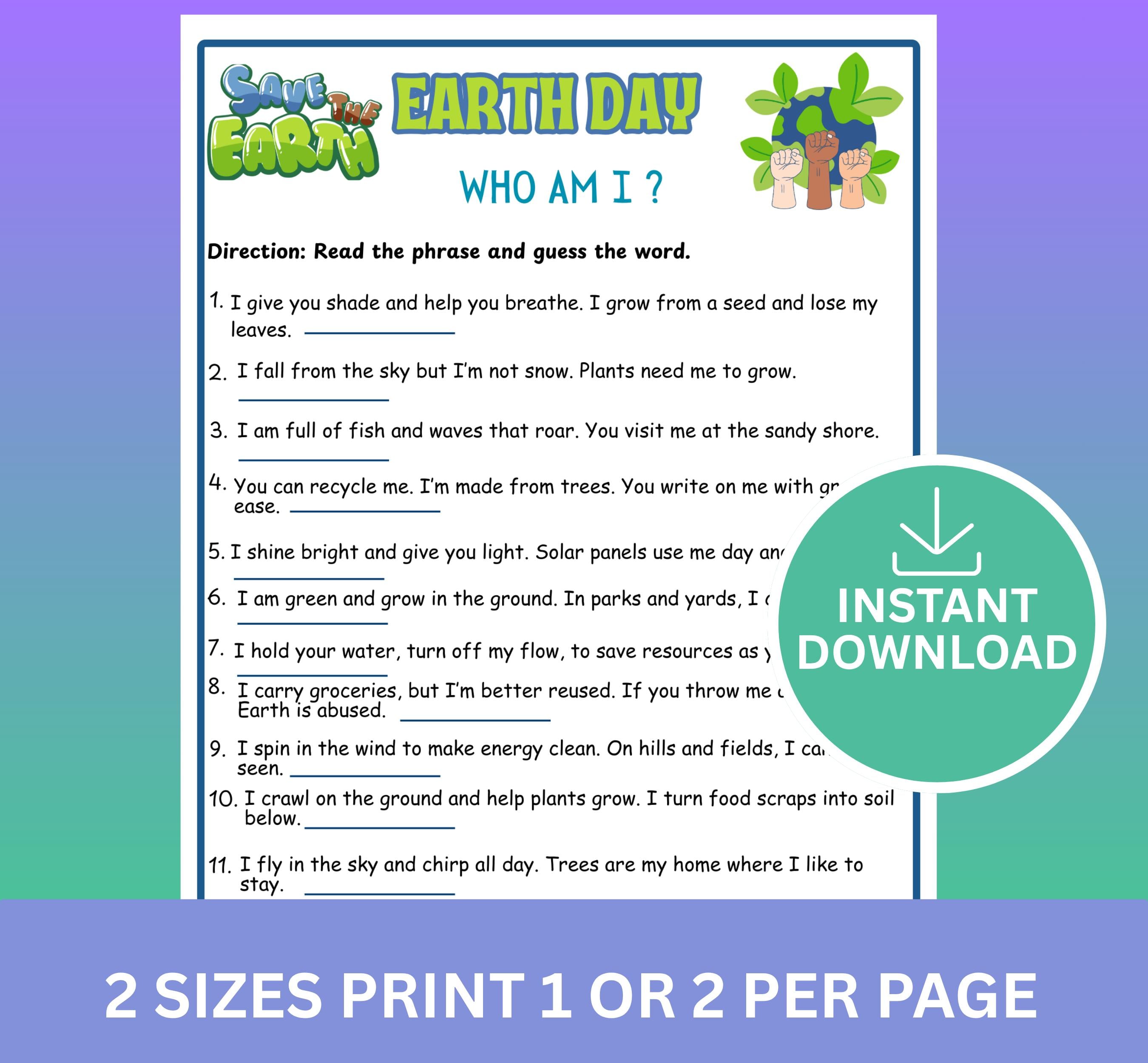 Earth Day Who Am I Game Printable | Environmental Riddles Activity ...
