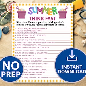 May include: A printable Summer Think Fast game sheet featuring a colorful title, two purple sand buckets, and a yellow sun border. The text includes instructions and a numbered list of twelve prompts for writing three related words for each category.