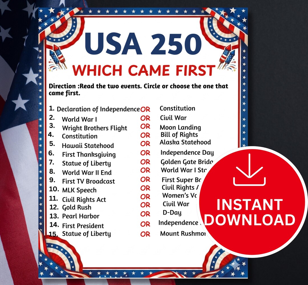 USA 250 Which Came First Game | America 250 History Trivia Printable ...