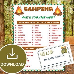 Op de afbeelding: Een printbaar kampeerspelblad met een kampvuurgrafiek, de titel CAMPING en een op letters gebaseerde naamgenerator. Het bevat een bijpassend naamkaartje met de tekst HELLO MY CAMP NAME IS en een illustratie van een groene rugzak.