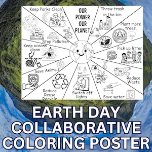 Peut inclure: Affiche de coloriage collaborative pour la Journée de la Terre en noir et blanc. L'affiche présente des illustrations et du texte promouvant la conservation de l'environnement, notamment "Keep Parks Clean", "Save Animals" et "Reduce Waste".
