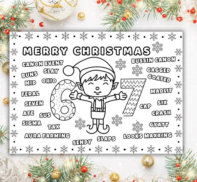Elf Coloring Placemat | 67+ Slay Elf Tasks |generation Alpha Slang Xmas ...