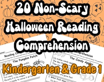 Halloween Leseverstehen Arbeitsblätter | Kindergarten & Klasse 1 | Nicht beängstigendes druckbares PDF | Spaß Alphabetisierungsaktivitäten