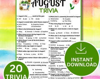 August Trivia Game Printable | Fun Summer Quiz for Kids & Adults | Family Party Activity | Instant Download