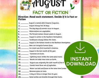 August Fact or Fiction Game Printable | Summer Trivia Icebreaker, Fun Party Game for Kids, Teens & Adults, August Quiz Activity