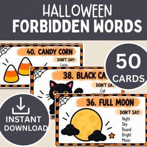 Halloween-Spiel mit verbotenen Wörtern (druckbare Version), Halloween-Tabu-Partyspiel, 50 Karten, für Familie, Jugendliche, Erwachsene, Klassenzimmer, Gruselparty (PDF)