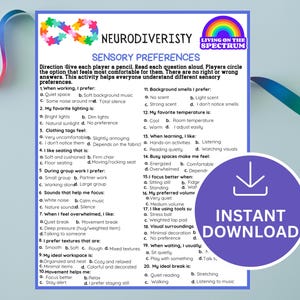Neurodiversity Sensory Preferences Game Printable | Sensory Processing Activity  | Neurodiversity Month | Instant Download