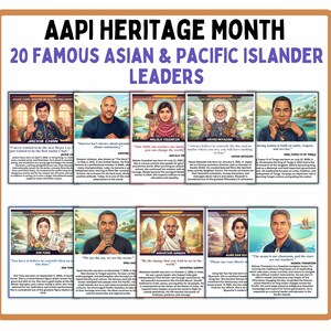 May include: AAPI Heritage Month poster featuring 20 famous Asian & Pacific Islander leaders. Each leader is depicted with a portrait and a quote. The poster includes Jackie Chan, Dwayne, Malala Yousafzai, Hayao Miyazaki, and others.