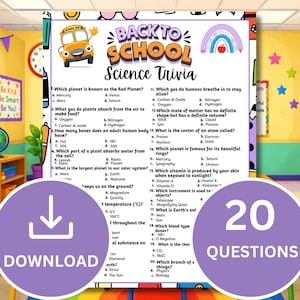 May include: A Back to School Science Trivia game sheet featuring 20 multiple-choice questions. The white paper has a yellow school bus, a rainbow, and an apple graphic. Two large purple circles overlay the bottom, one with a download icon and the other with the text 20 QUESTIONS.