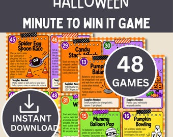Halloween Minute to Win It Games Printable, 48 Halloween Party Games, Kids Teens Adults, Family Classroom Party Activity PDF