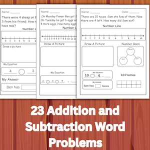 Könnte beinhalten: Drei weiße Arbeitsblätter mit Matheaufgaben, einschließlich Zahlenstrahlen, Gleichungen und Textaufgaben. Die Arbeitsblätter tragen den Titel "23 Additions- und Subtraktionswortprobleme" in weißer Schrift auf braunem Hintergrund.