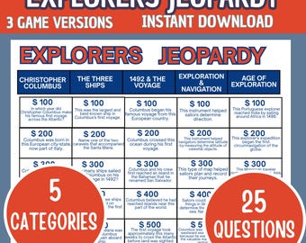 Explorers Jeopardy Game Printable, Columbus Day Game, Famous Explorers Trivia, History Classroom Game, Social Studies Activity PDF