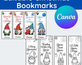 Editable Gnome  Bookmarks |Personalized Christmas Kids Printable| Set of 8 |4 black white and 4 colored