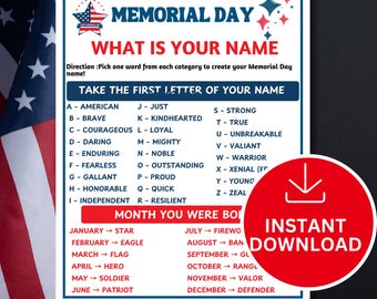 Memorial Day Name Game Printable | What Is Your Patriotic Name Game | Party Activity | Classroom Fun PDF