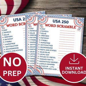 May include: Three word scramble game sheets with a red, white, and blue patriotic theme. Each sheet is labeled "USA" and includes the text "Word Scramble". A red circle with "No Prep" is in the foreground.