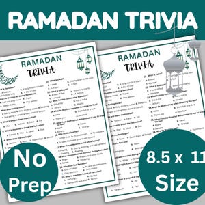 May include: Two white paper sheets with "Ramadan Trivia" printed on them, featuring questions about Ramadan. The sheets are 8.5 x 11 inches in size and labeled "No Prep". Decorative lanterns are also visible.