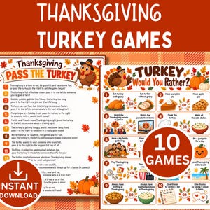 Könnte beinhalten: Zwei druckbare Thanksgiving-Spielblätter mit einem Pass the Turkey-Gedicht und einer Turkey Would You Rather-Liste. Die Designs enthalten Illustrationen von Truthähnen, Kürbissen und Herbstblättern mit Text in Orange und Braun auf weißem Grund.