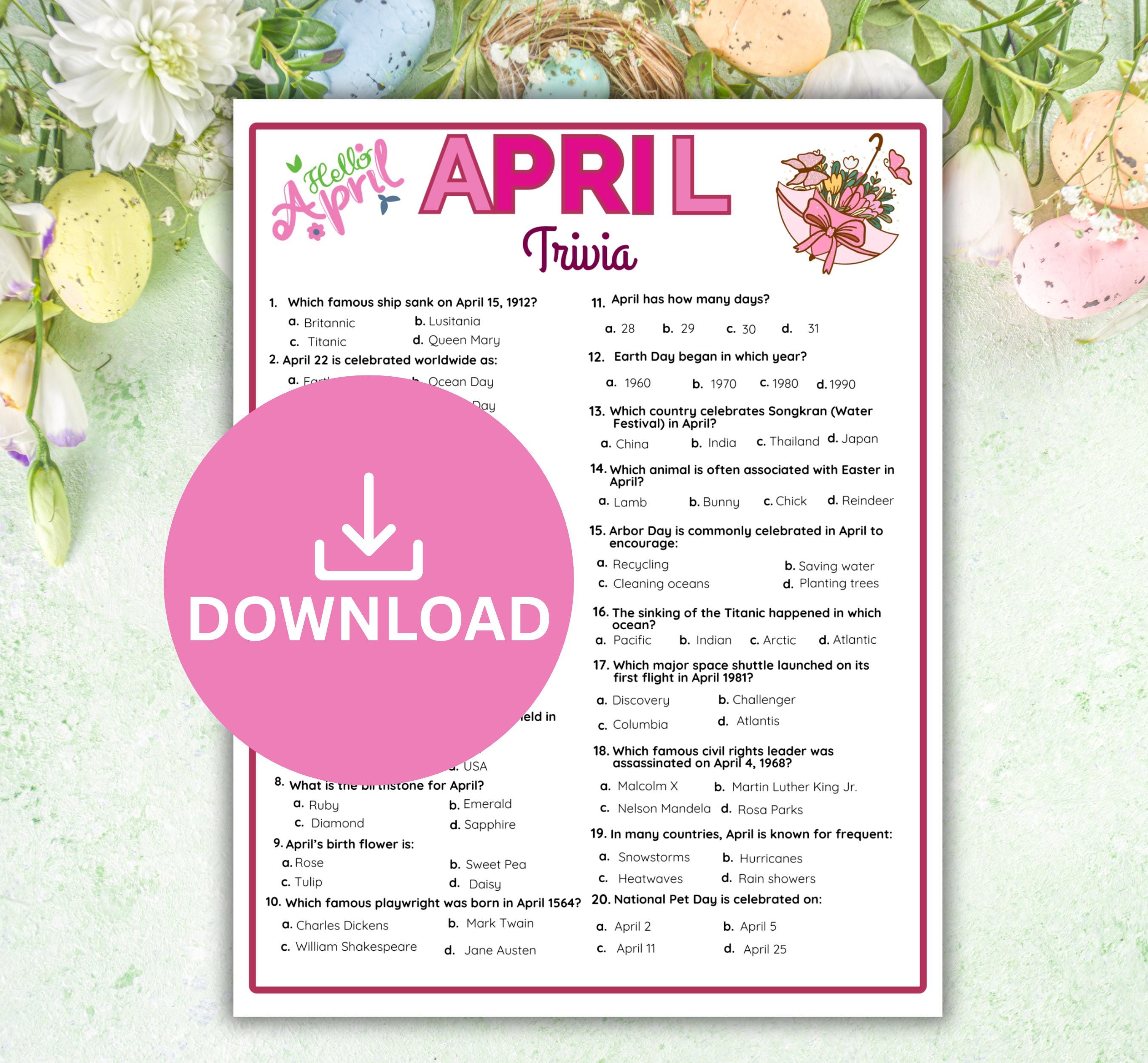 April Trivia Game Printable | Spring Party Quiz | Easter & Earth Day ...