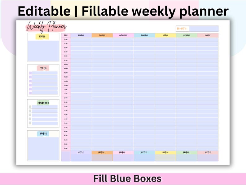 Editable Weekly Hourly Planner: Printable Undated Organizer (digital ...