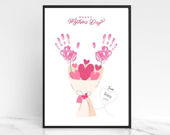 Mother's Day Handprint Art, Personalized Flower Bouquet Keepsake, Editable Canva Template, Toddler Handprint Gift