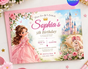 Editable Princess Birthday Invitation Template, Pink Castle Party Invite , Princess sophia(Digital Download)