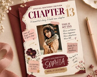Editable Chapter 13 Birthday Poster, Teen Girl Milestone Keepsake, birthday invitation (Digital Template)