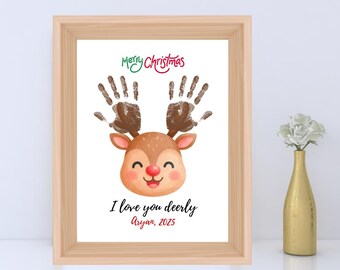 Reindeer Handprint Art | I Love You Deerly Christmas Keepsake | Kids Handprint Craft | Printable Christmas Gift | Canva Template