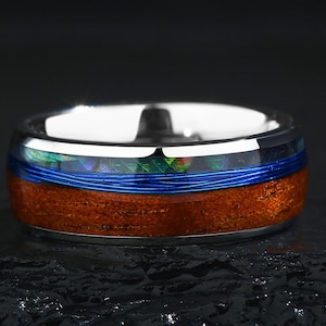 Titanring, Abalone Muschel & hawaiianisches Koa Holz, Angelschnur Ehering, 8 mm Ring für Männer, Geschenk zum Vatertag.
