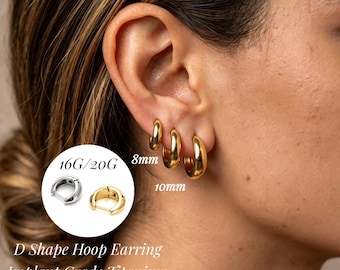 Titanium Chunky Hoop Earrings, 16G/20G Hypoallergenic D-Shape Huggie Hoops, Waterproof Small Thick Hoops for Sensitive Ears