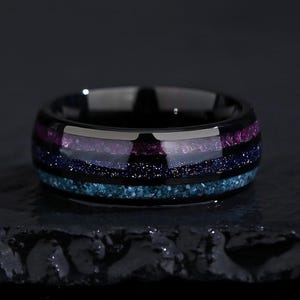 UV Lightning Glow Ring, UV Glow Galaxy Orion Nebula Ring, 8mm Mens Wedding Band, Anniversary Ring for Him.