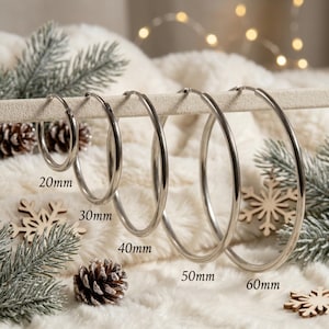 May include: A set of five silver-toned hoop earrings arranged by size, labeled 20mm, 30mm, 40mm, 50mm, and 60mm. The circular earrings are displayed on a horizontal bar, showcasing a smooth, polished metallic finish and a simple, continuous design.