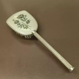 Vintage Clothing Lint Brush with Silver-plated Copper Handle, Decorative Brush with Green Rose Pattern, Boutique Dressing Table Charms