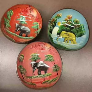 Vintage Coconut Shell Bowl Set 3 Pieces with Hand-painted Elephant, Thailand Coconut Bowl Charm, Decorative Tableware Set